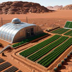 A Martian landscape with crops growing in enclosed habitats, showcasing innovative farming techniques.