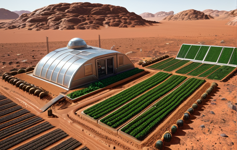 A Martian landscape with crops growing in enclosed habitats, showcasing innovative farming techniques.